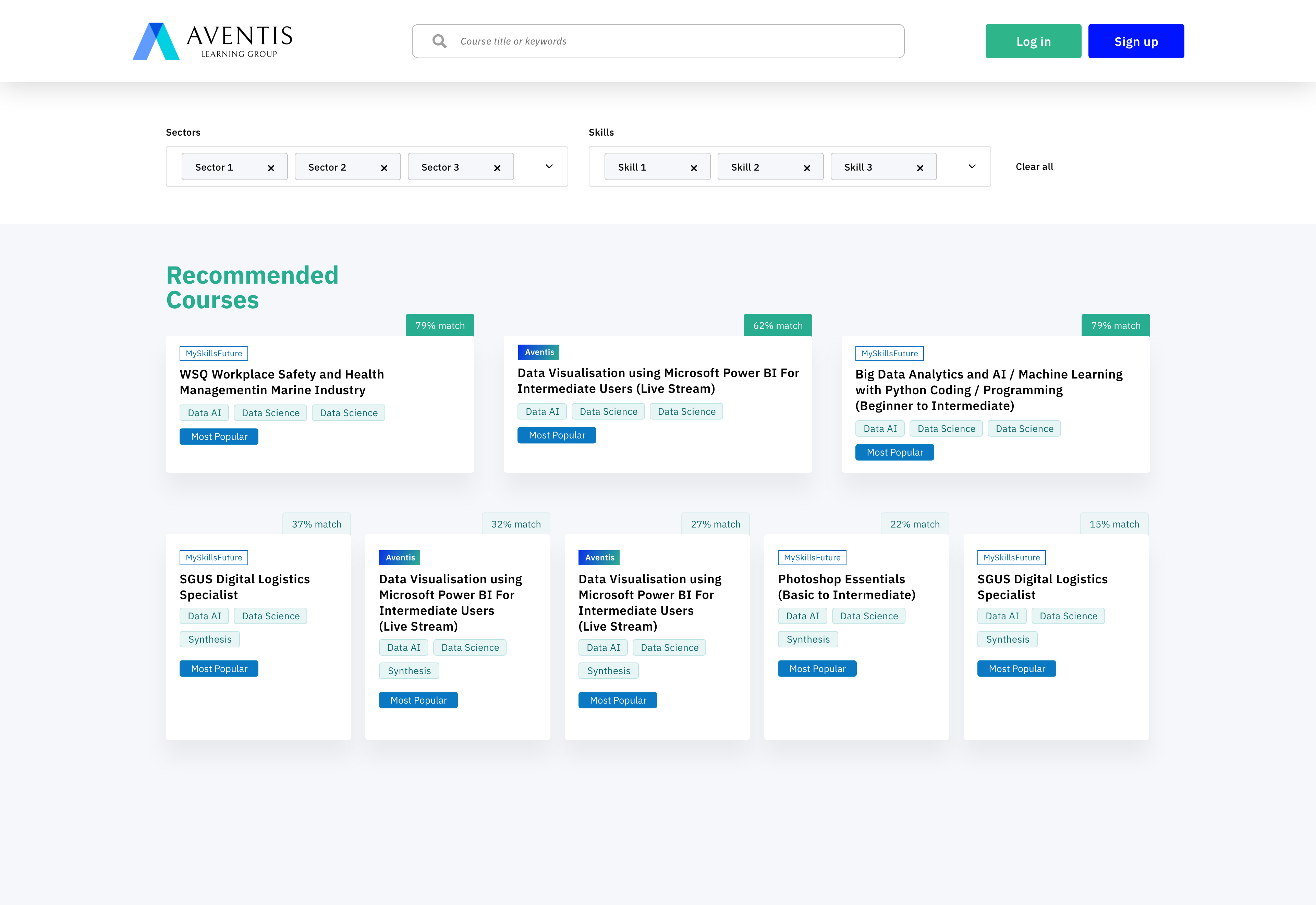 Aventis recommended courses, sector and skill filters with AI match percentages