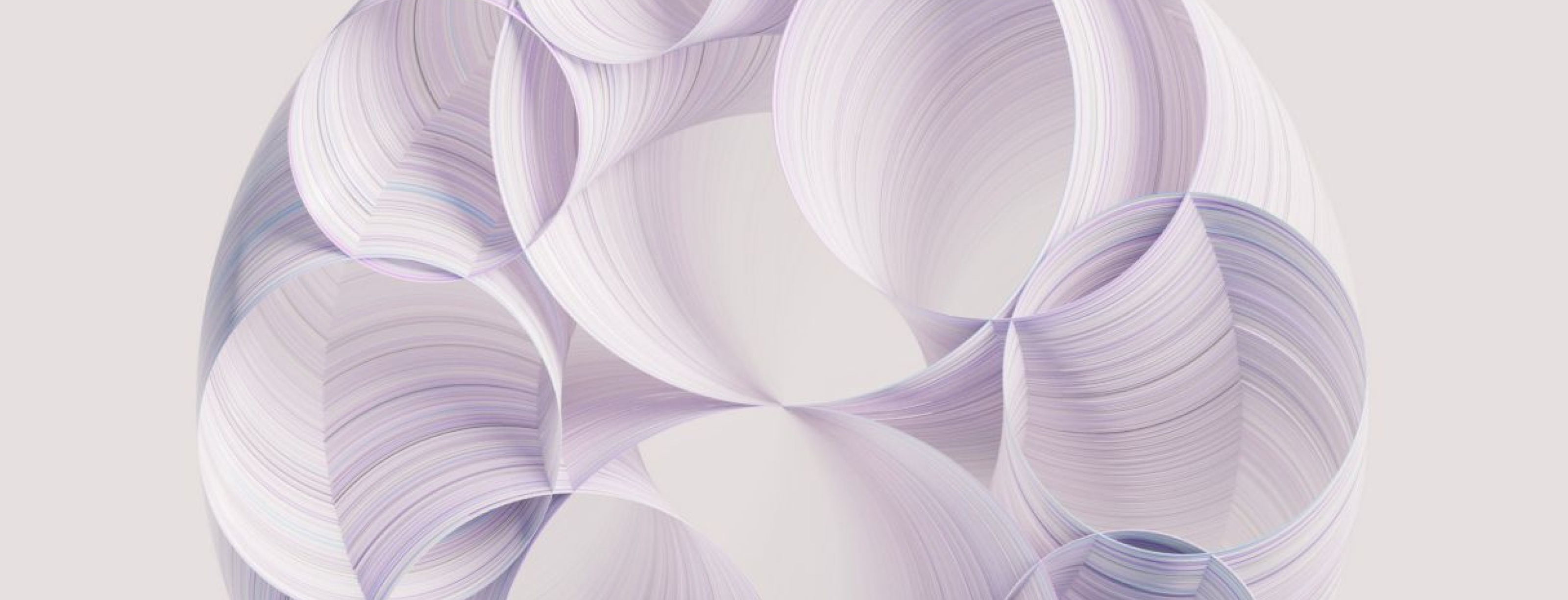 Abstract 3D illustration of interlocking ribbon-like circular forms in soft lavender and white