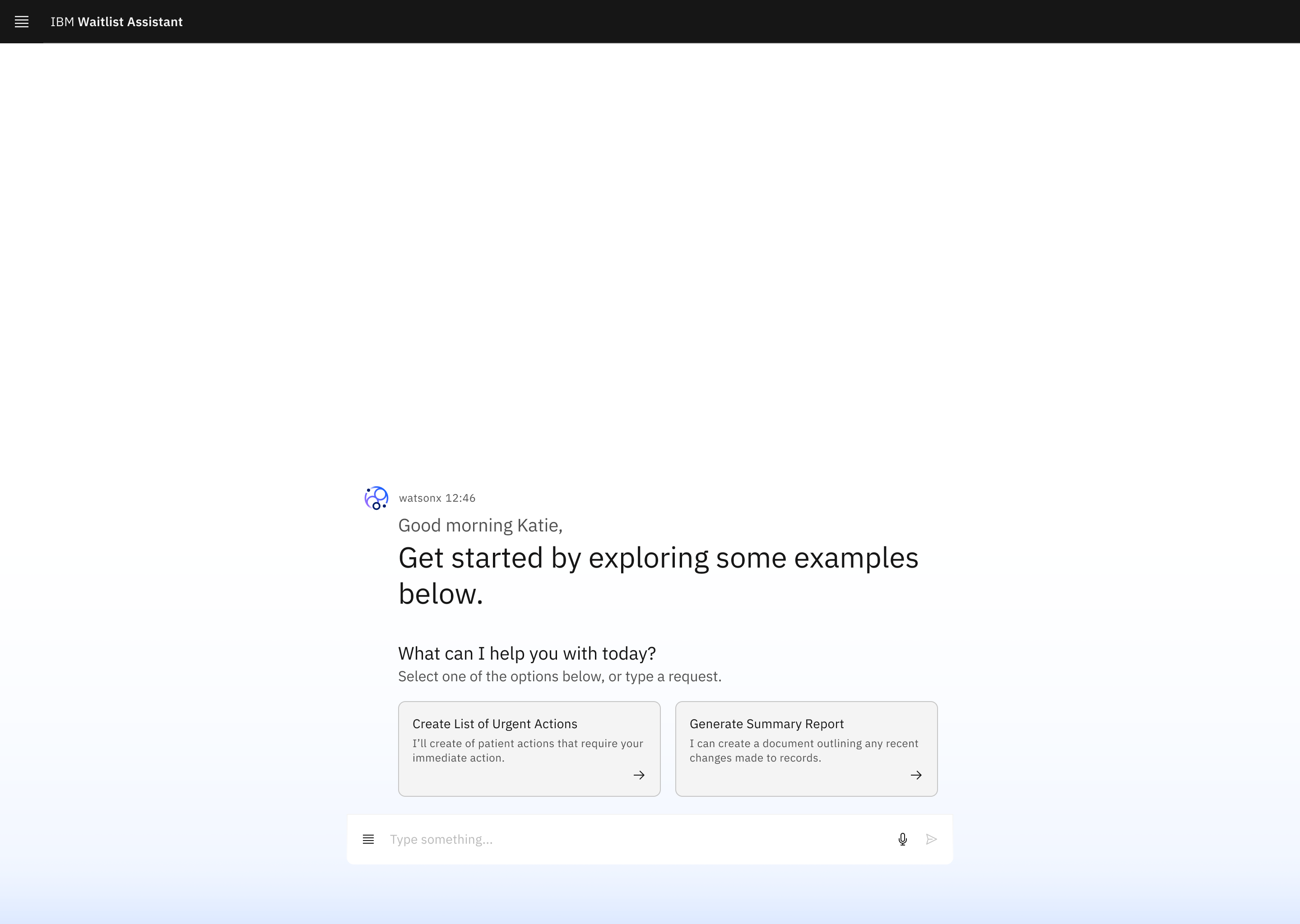 Welcome message with quick starters