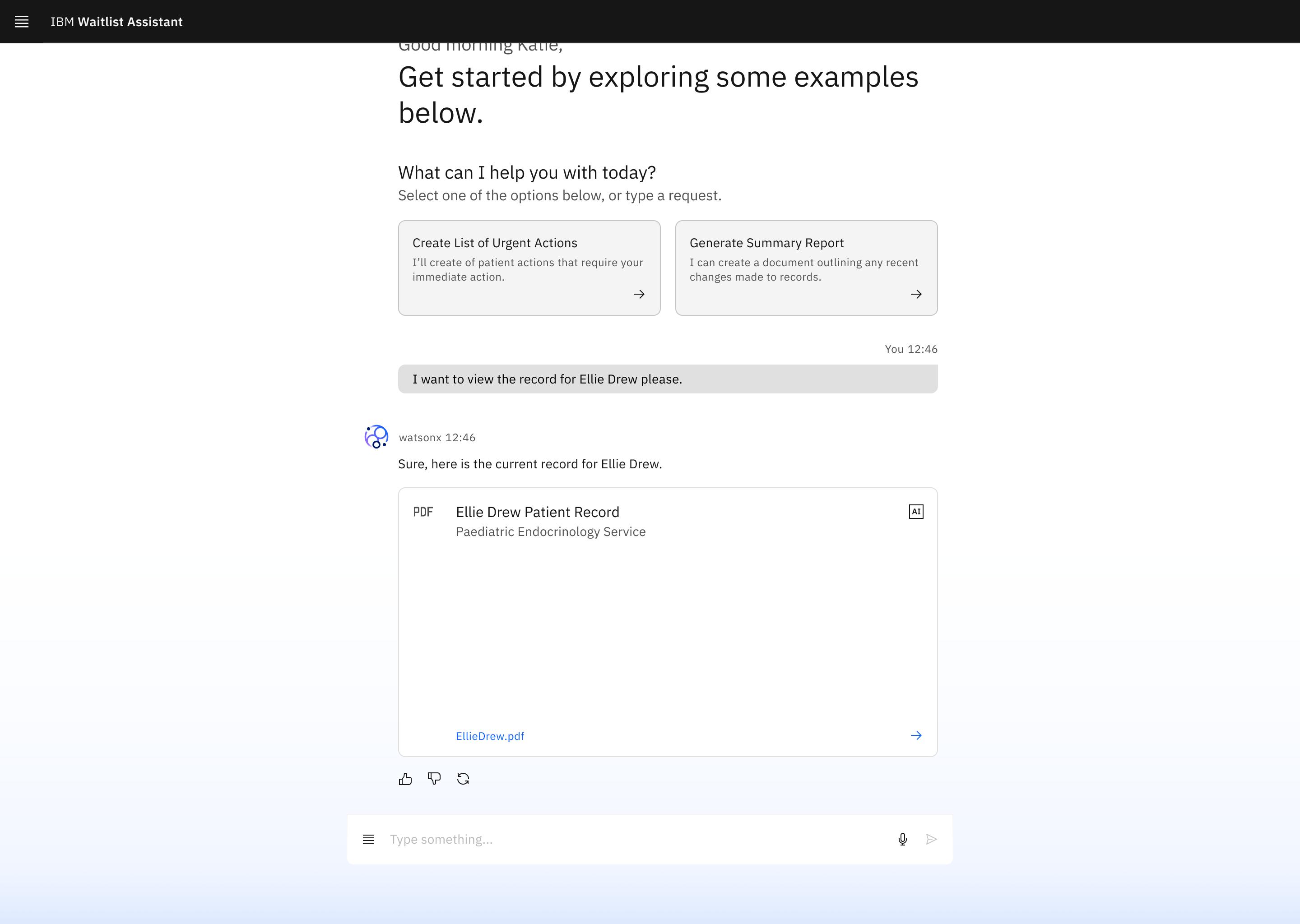 watsonx returns a sourced PDF record card