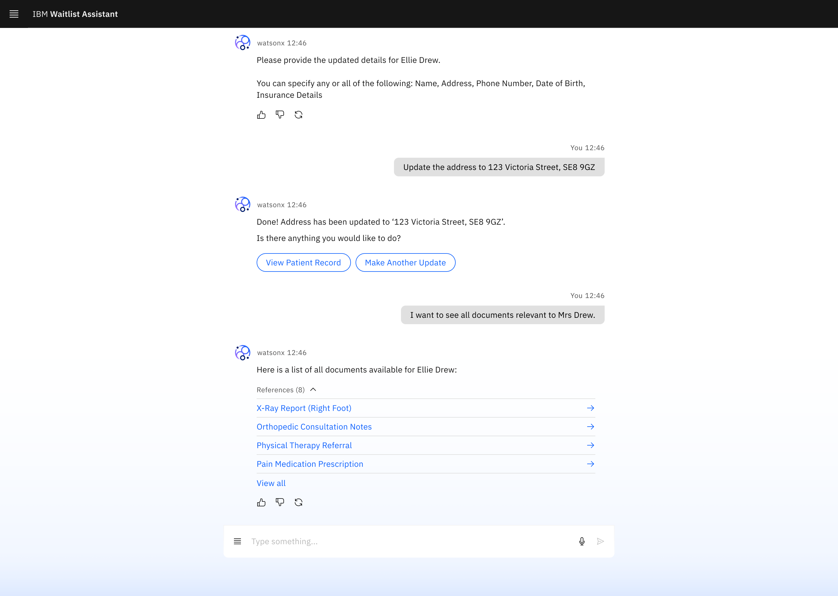 watsonx displays a references accordion of related documents