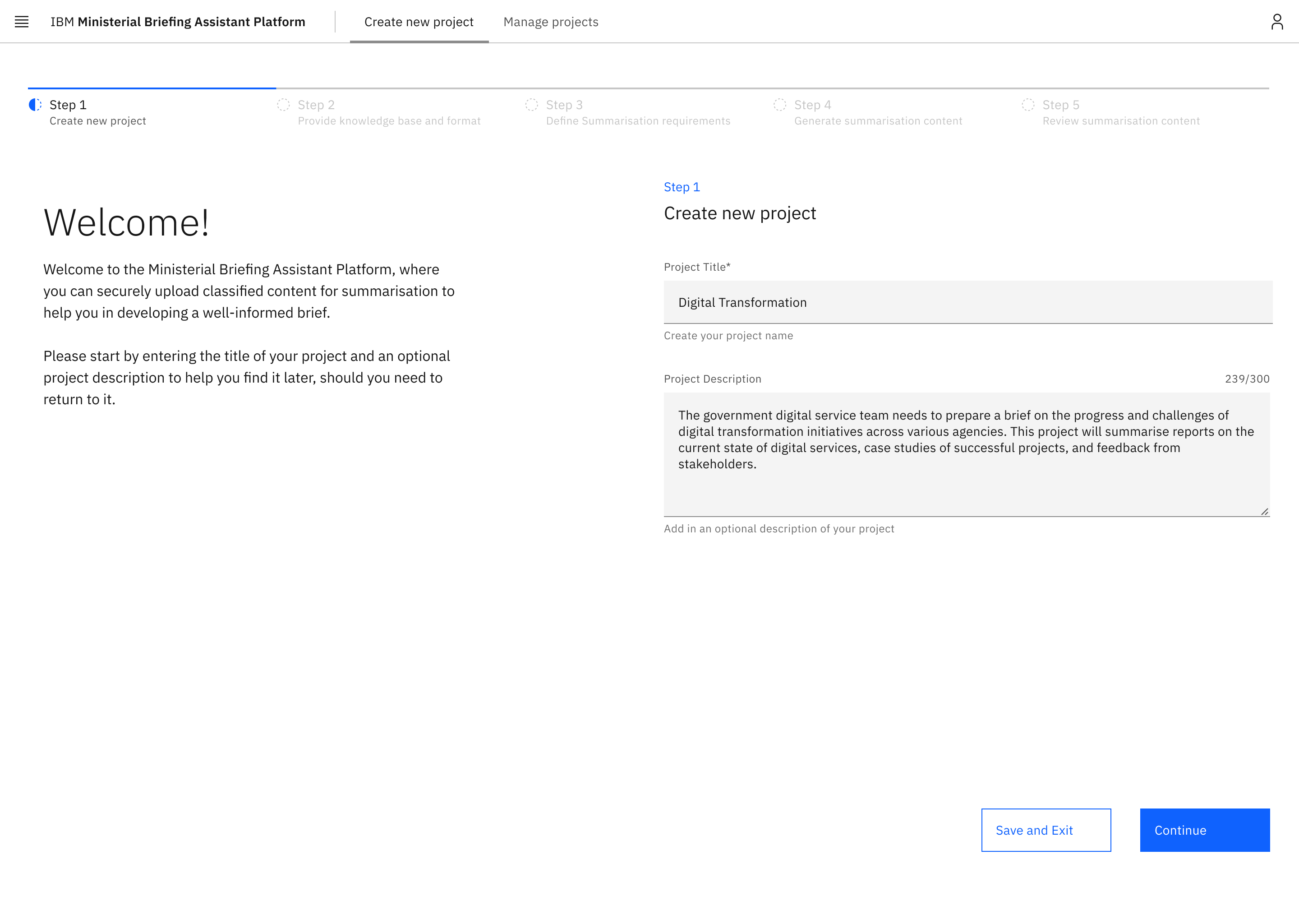 User names a new project, Digital Transformation