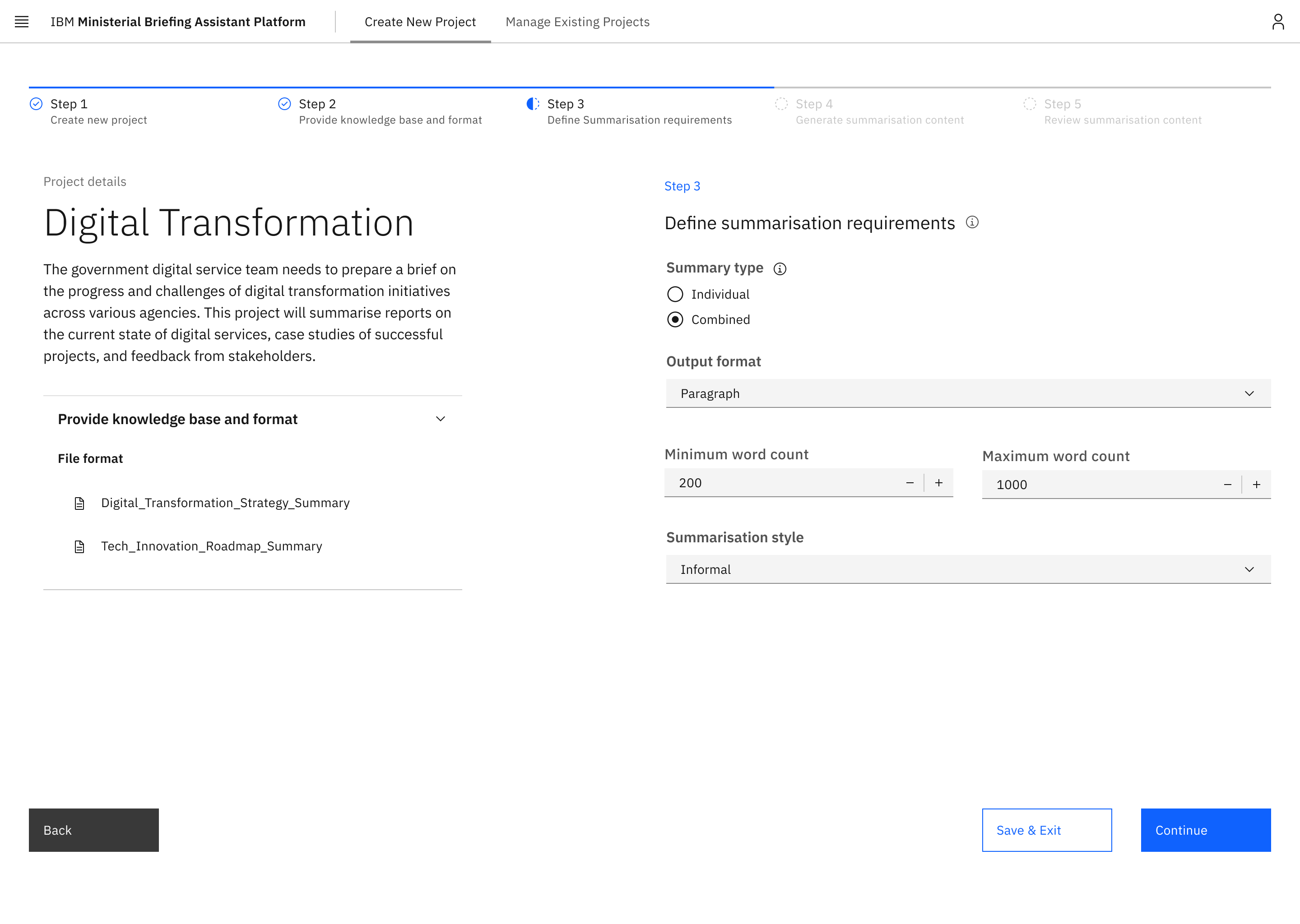 User sets summary type, format, word count and tone