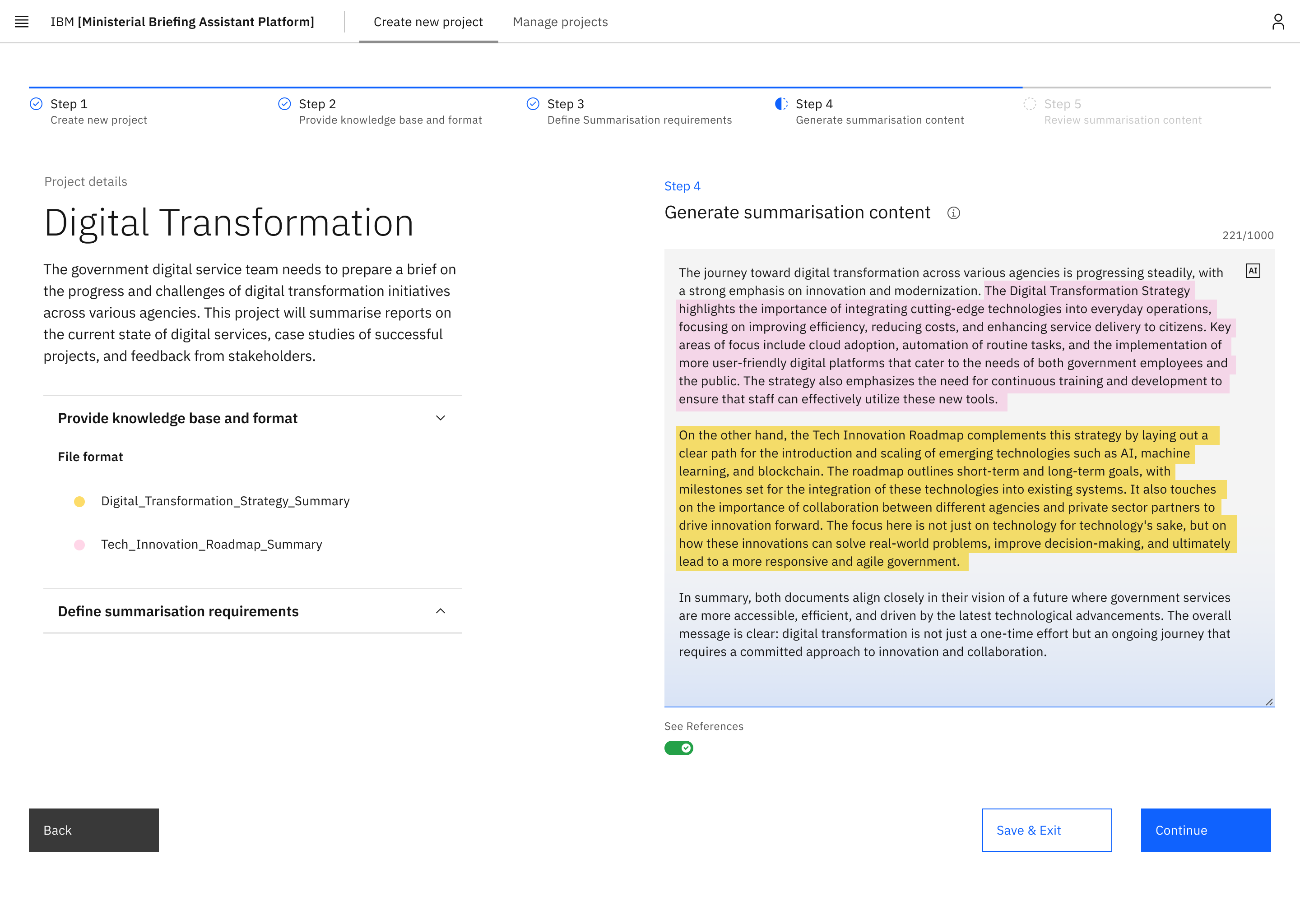 Generated summary with highlighted spans and a References toggle