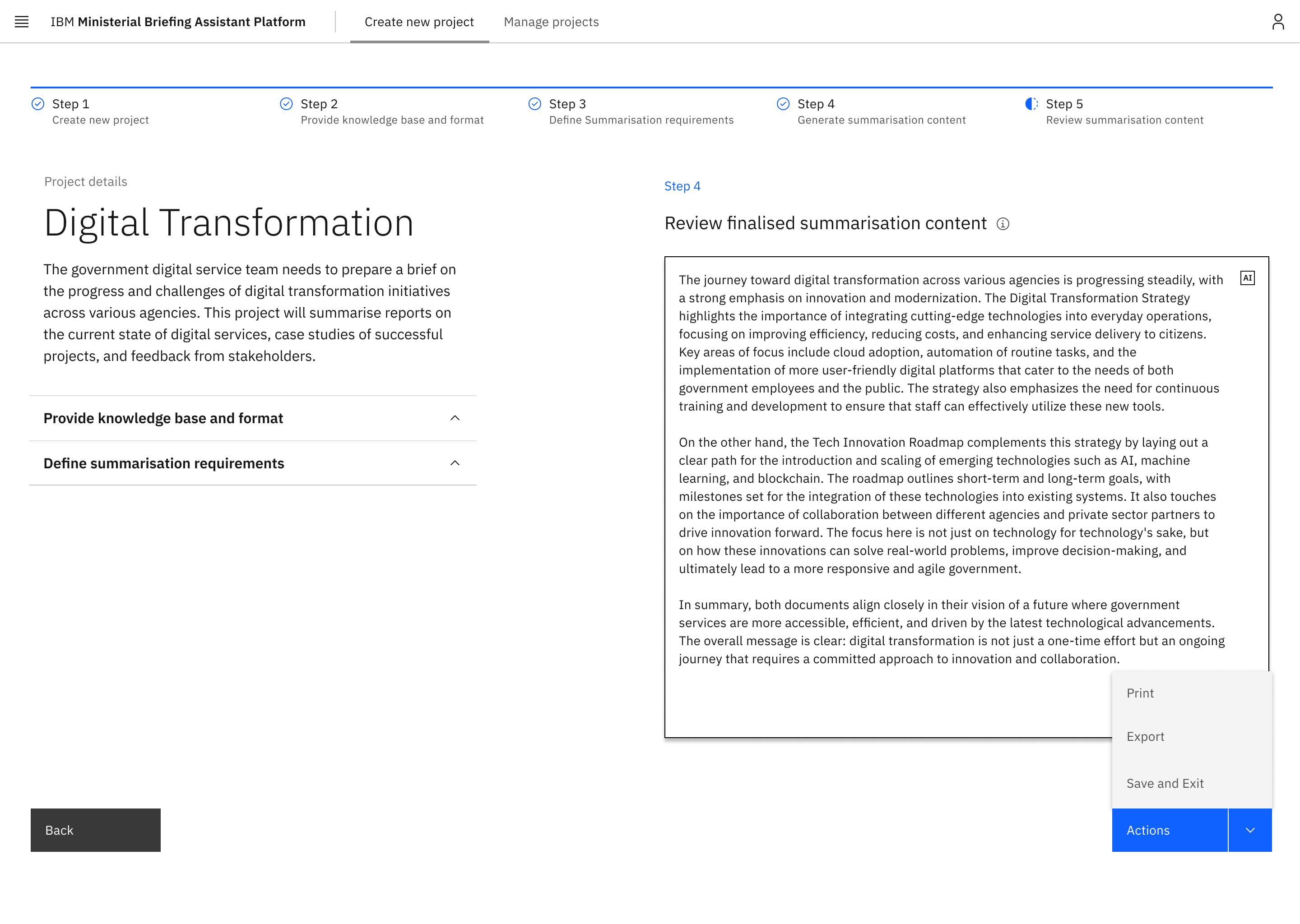 Finalised summary with Print, Export and Save and Exit actions