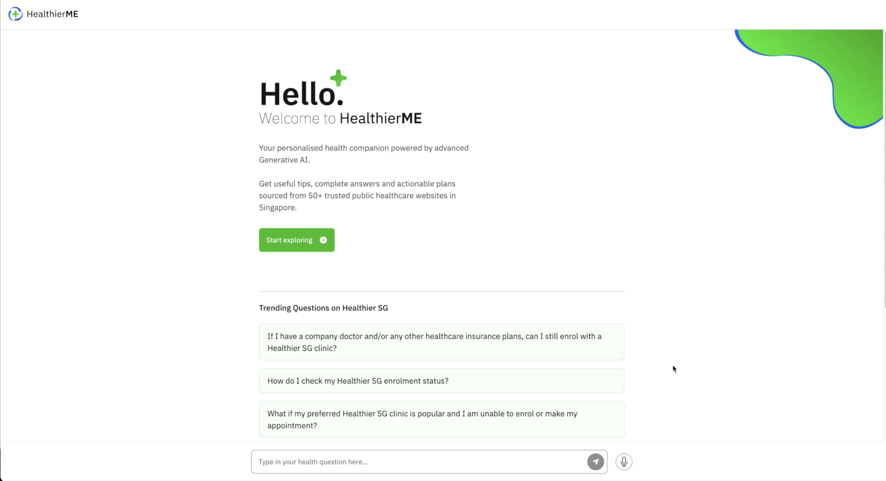 HealthierMe welcome screen with trending questions on Healthier SG