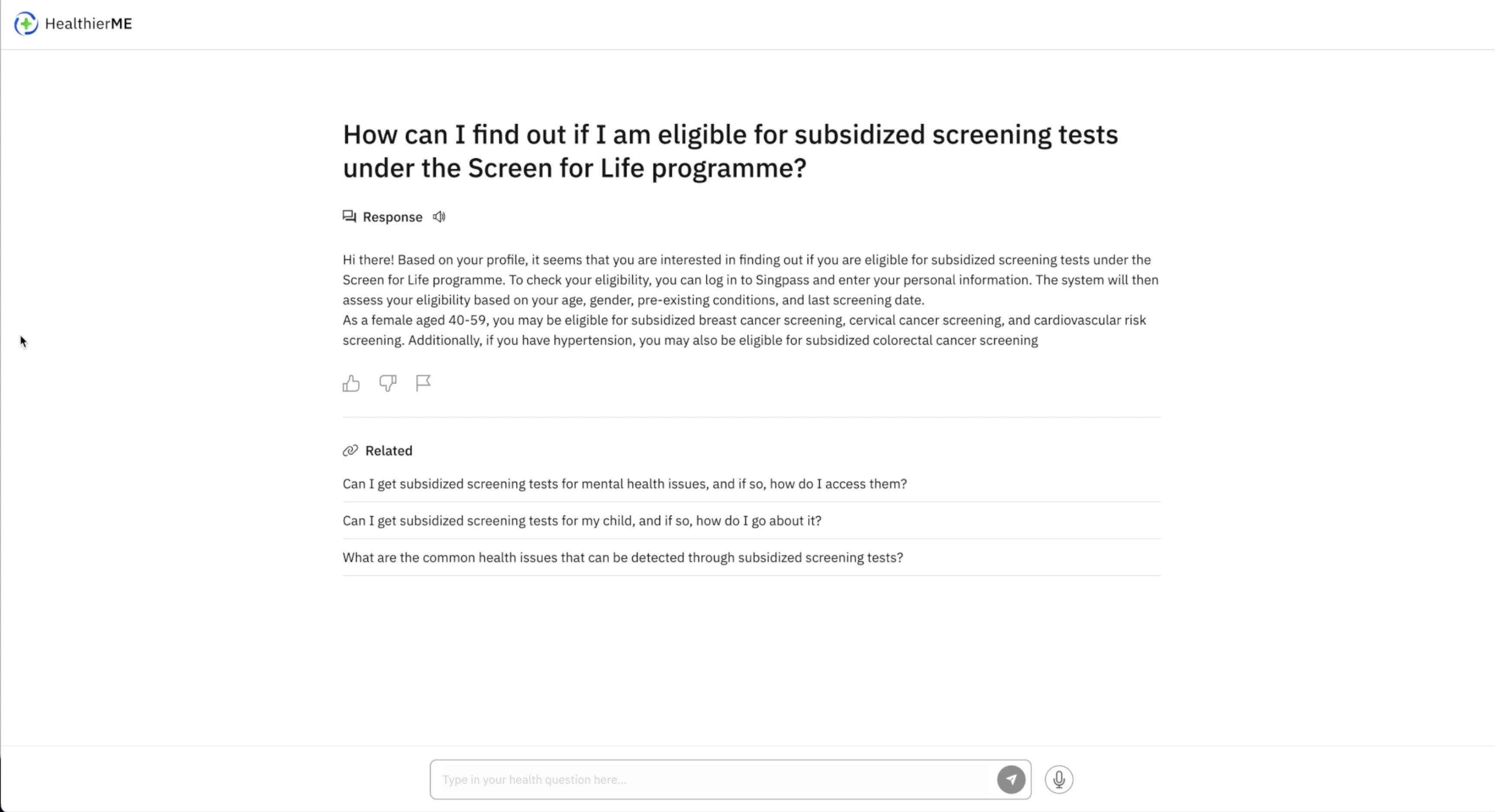 Chat response answering a Screen for Life eligibility question, with related questions