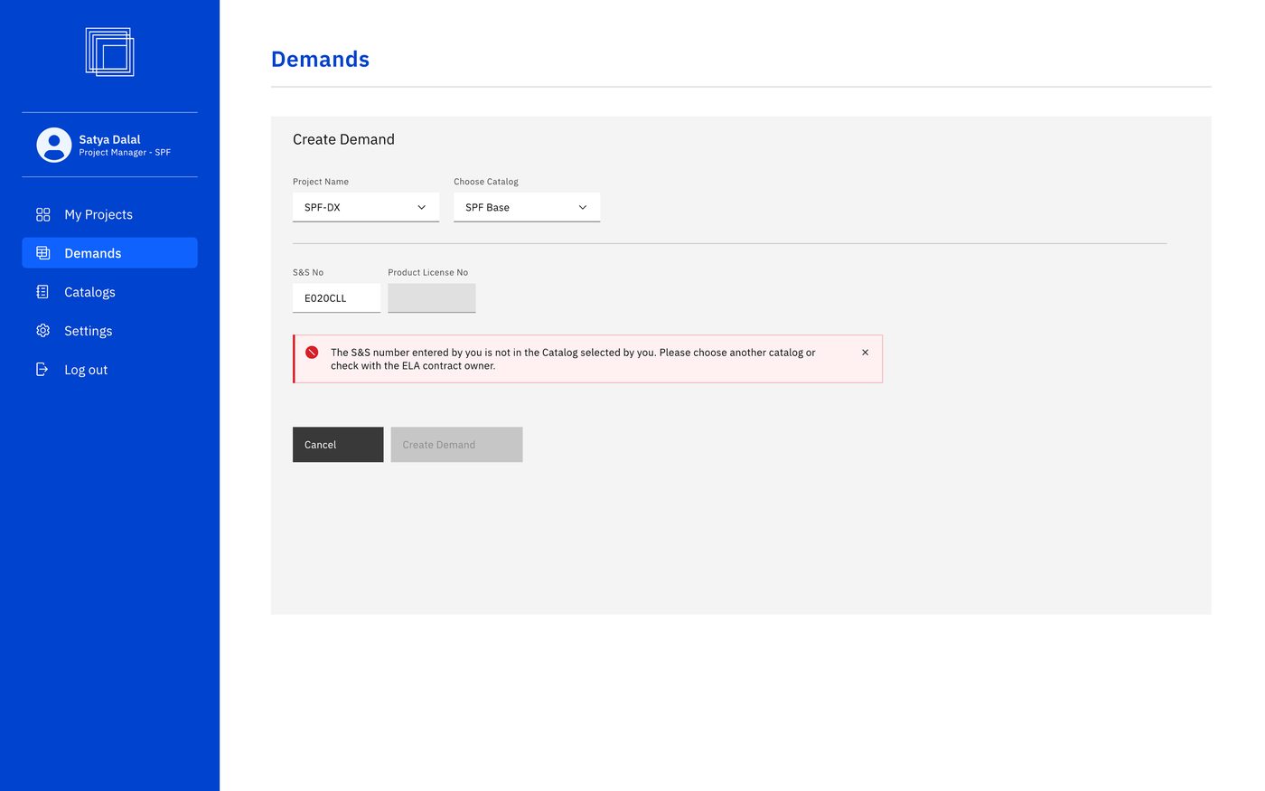Create Demand, catalog validation error