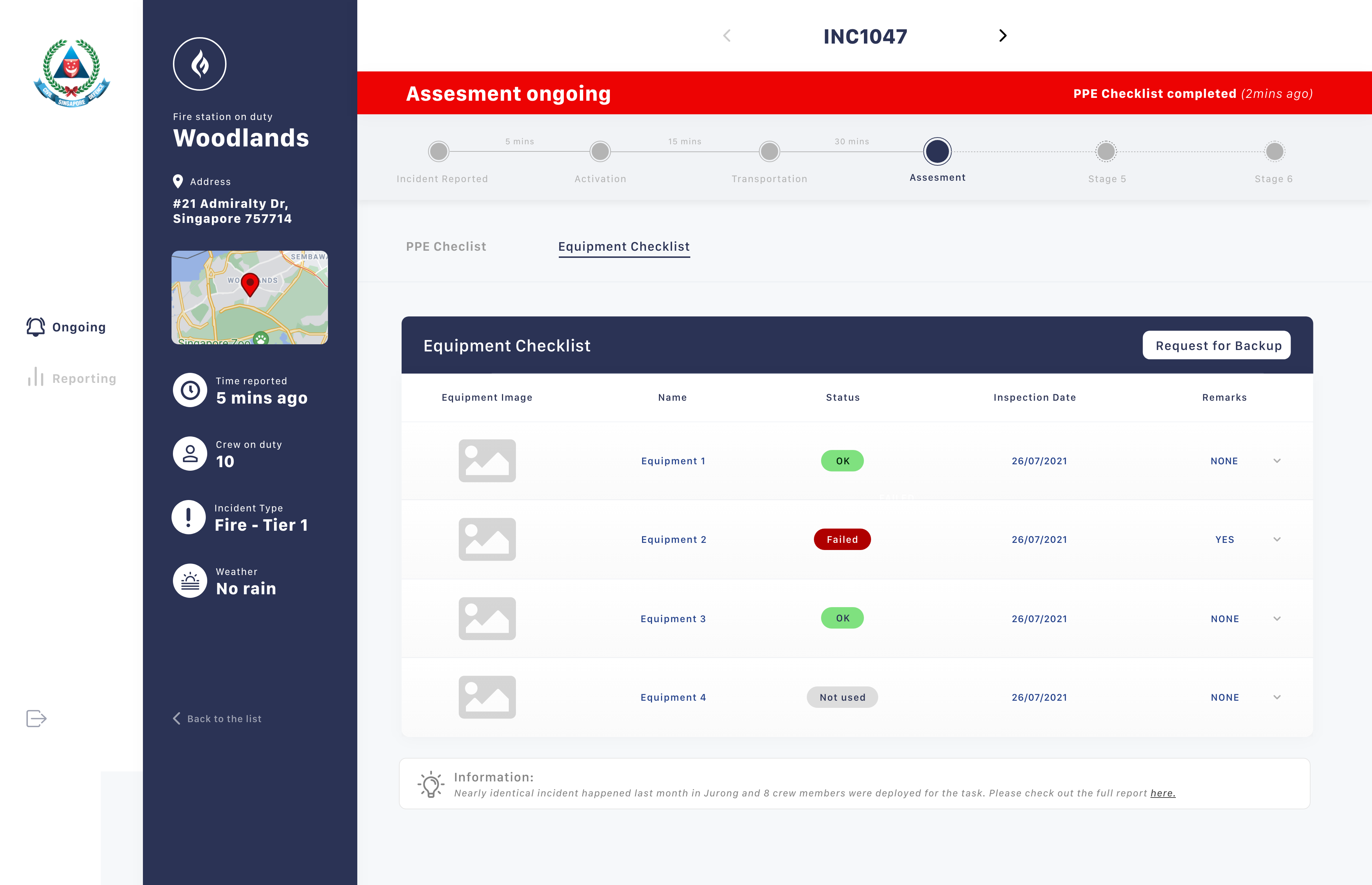 Live incident, Equipment Checklist within the Assessment stage