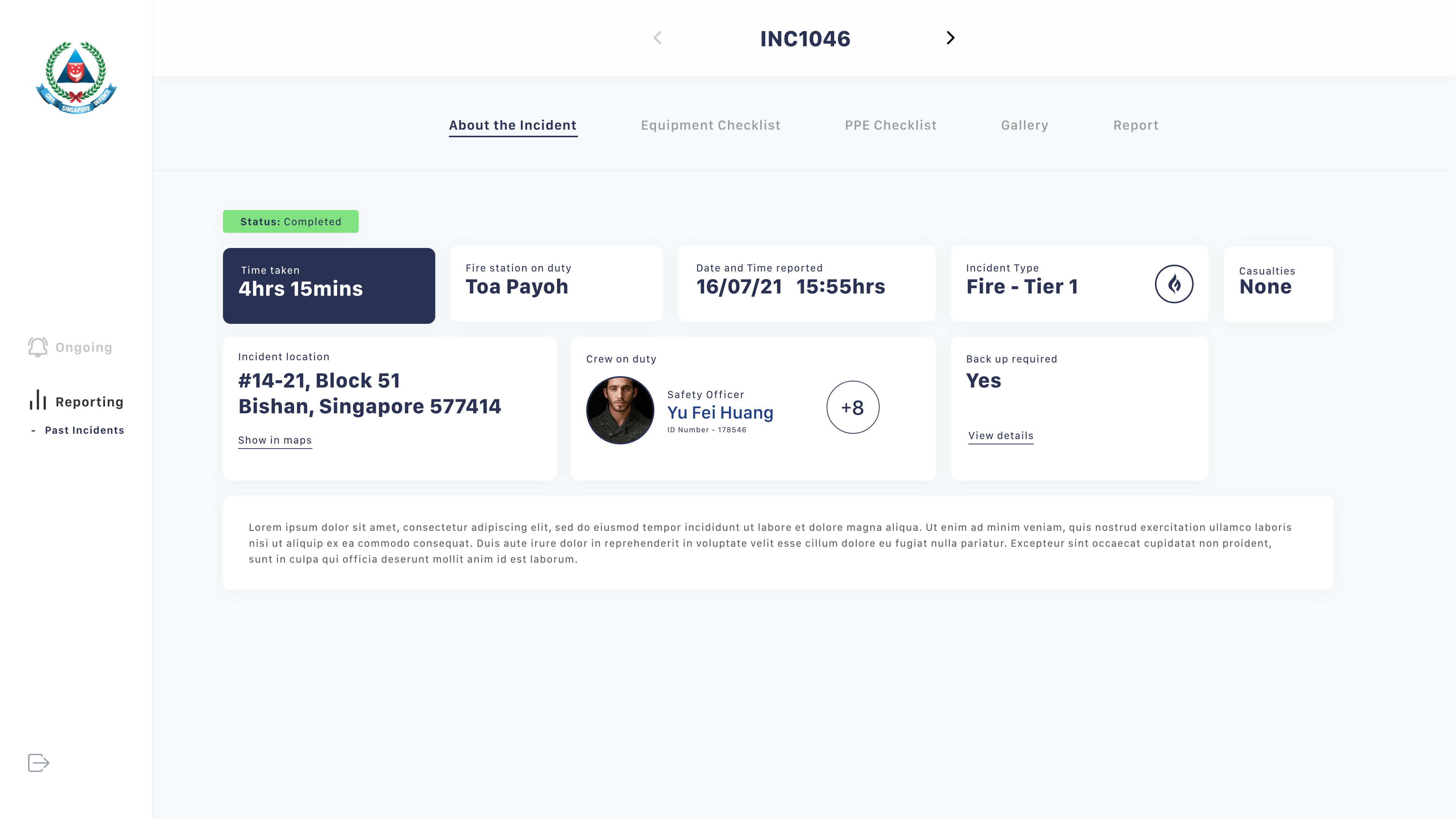 SCDF incident detail view, About the Incident tab, INC1046