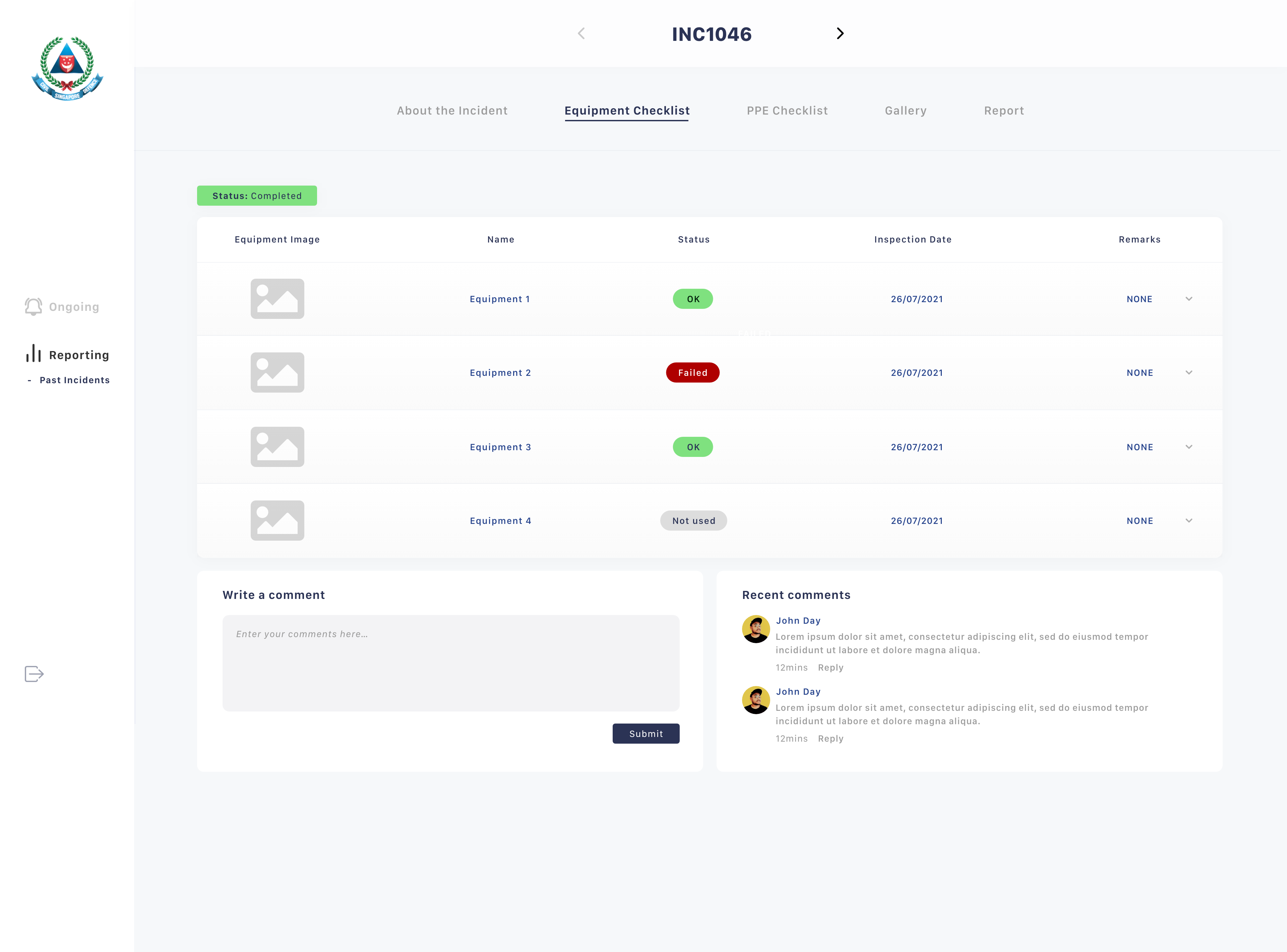 Incident detail, Equipment Checklist tab, per-item inspection status