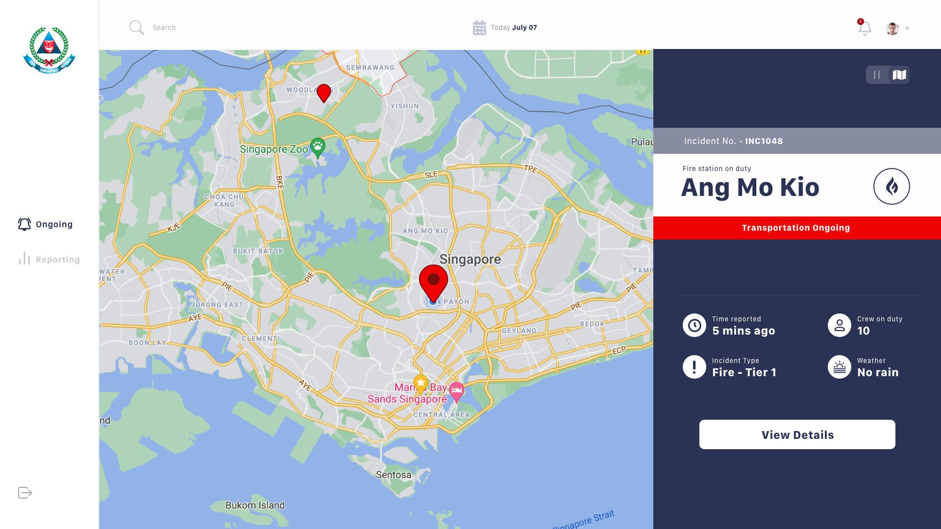 Live incident map, command centre view of an active Fire, Tier 1 incident in Toa Payoh