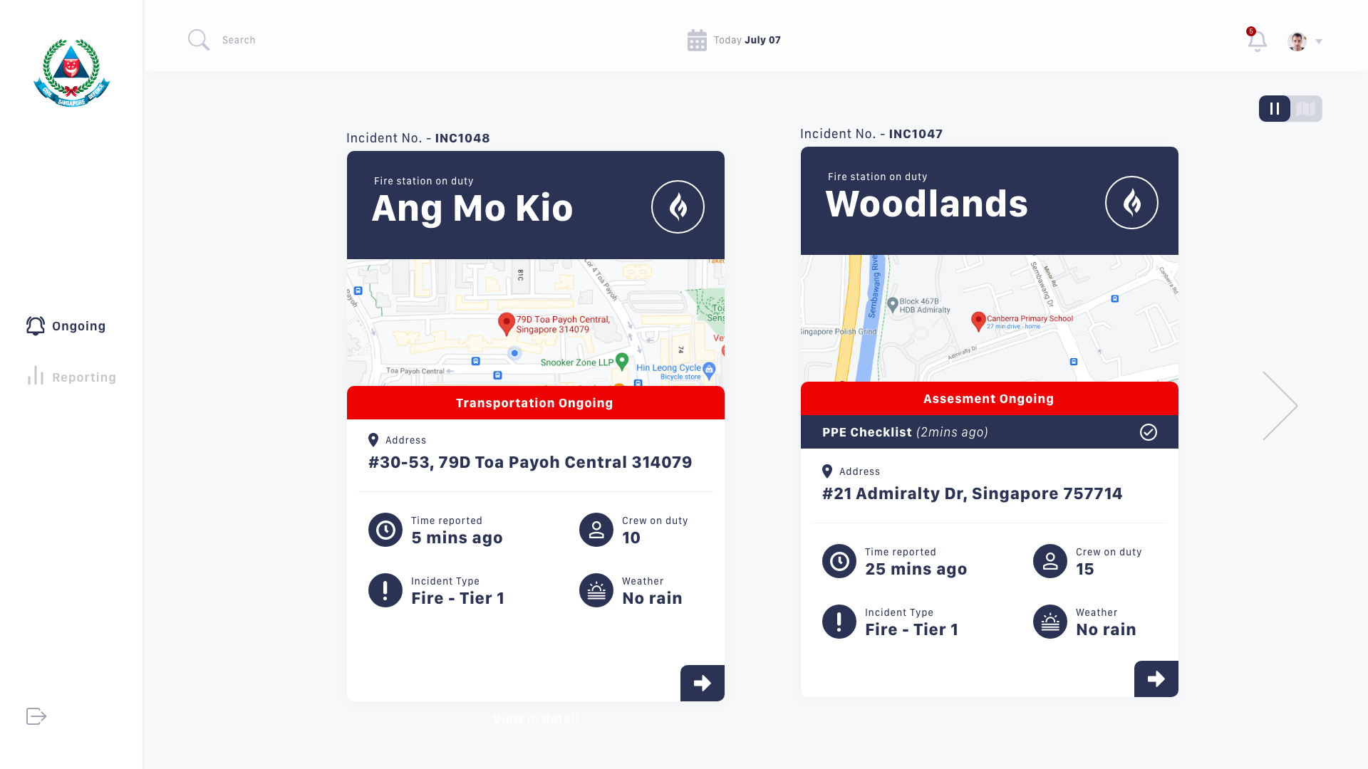 Ongoing incidents, side-by-side card view for Ang Mo Kio and Woodlands
