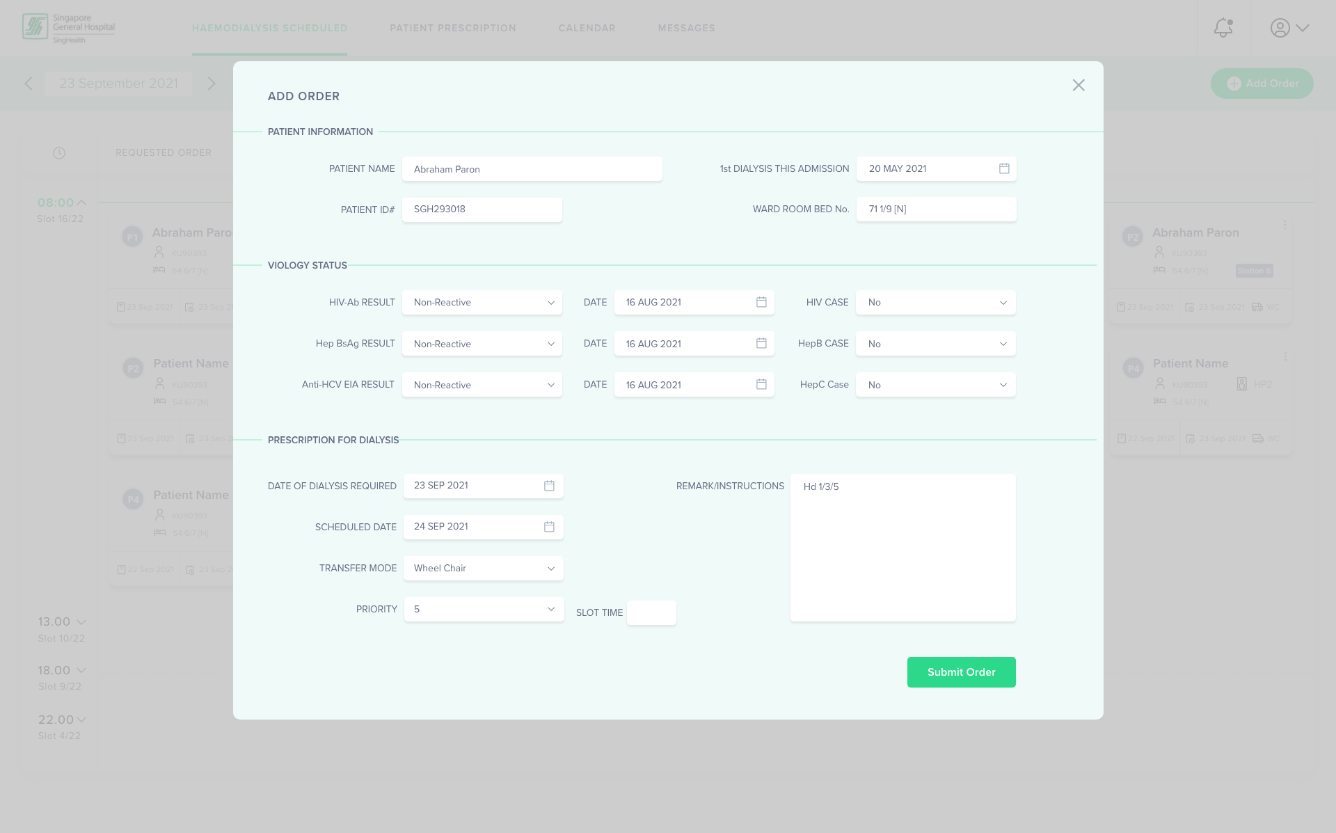 Add Order, patient information, virology status and dialysis prescription