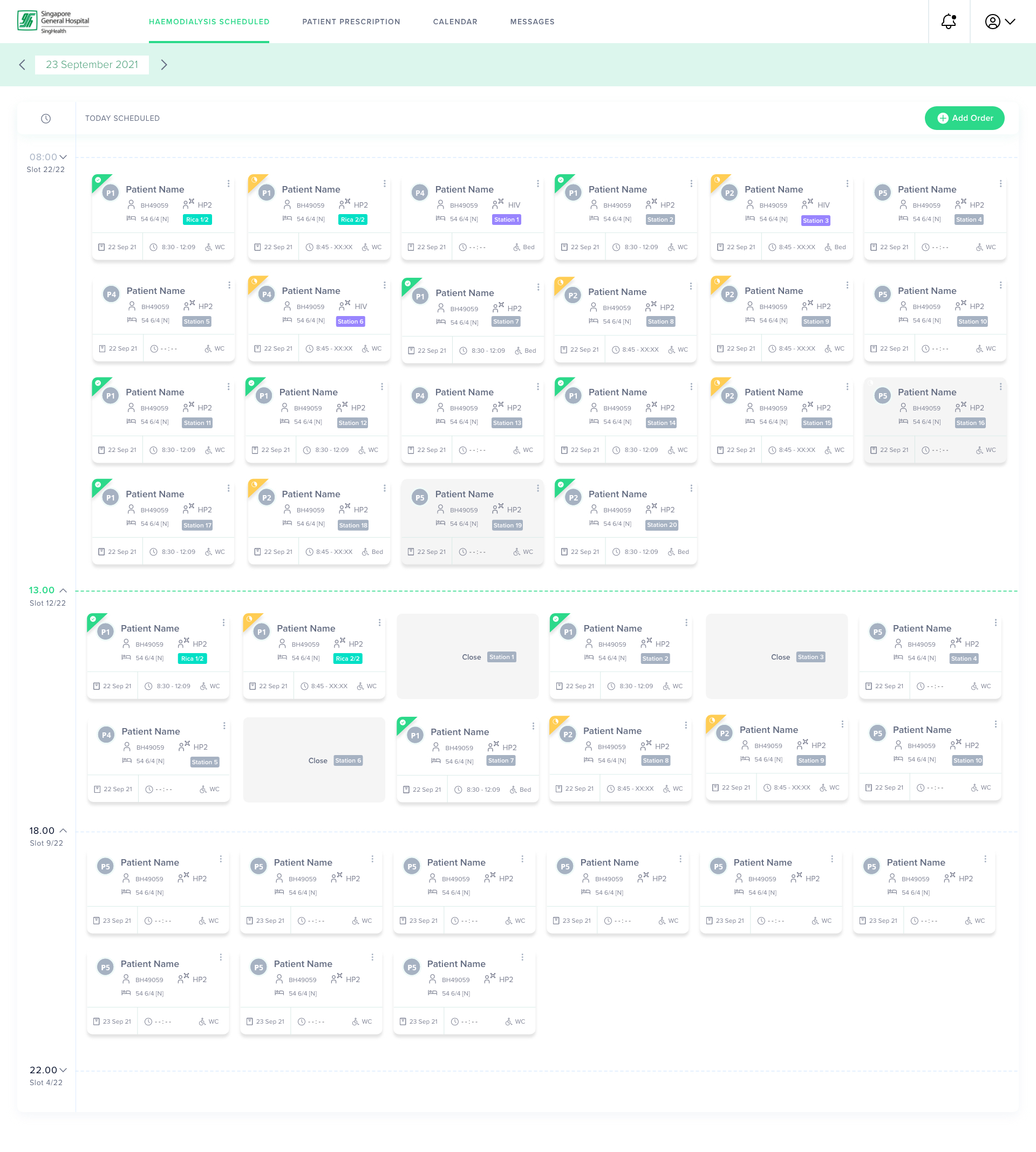 Haemodialysis schedule, full day view with waiting list