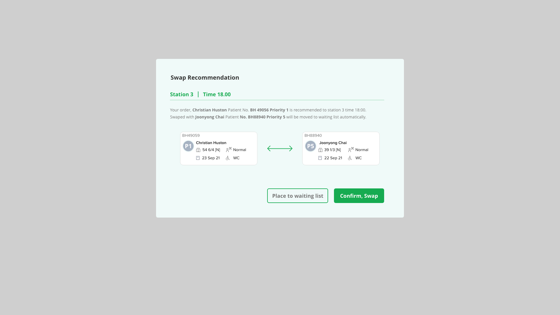 Swap recommendation, tool suggests a station swap between two patients